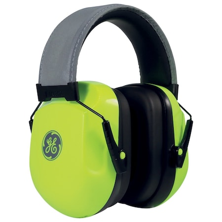 Ge Over-the-Head Hi-Vis Green Earmuffs, 27dB, Reflective Cushioned Headband GM452HV